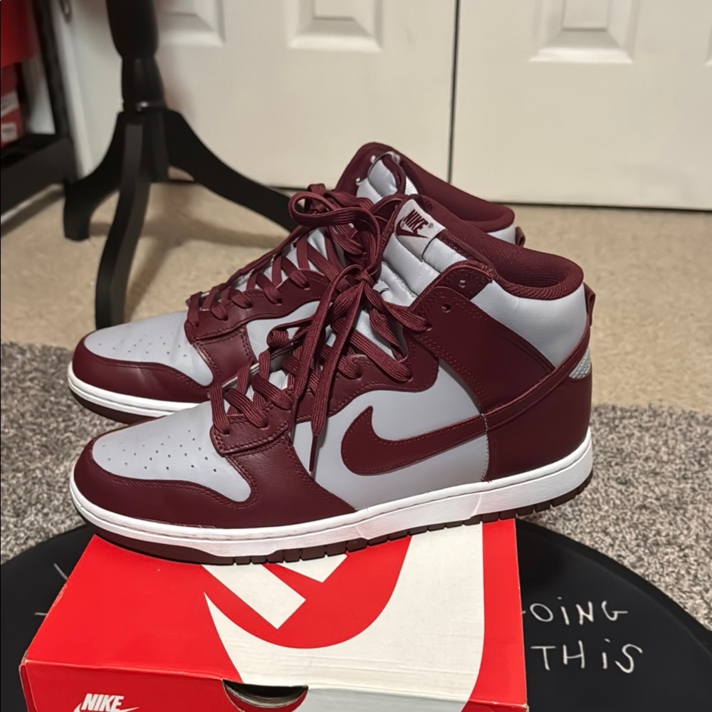 Nike Men's Burgundy and Light Gray High-Top Dunks size 12